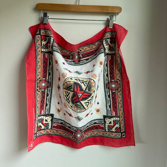 Vintage Southwestern Bandana Red Border Cotton USA 21" - Picture 2 of 5